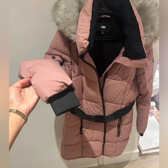 DKNY Pink Puffer Coat with black belt and removable Fur Hood - Picture 10 of 16